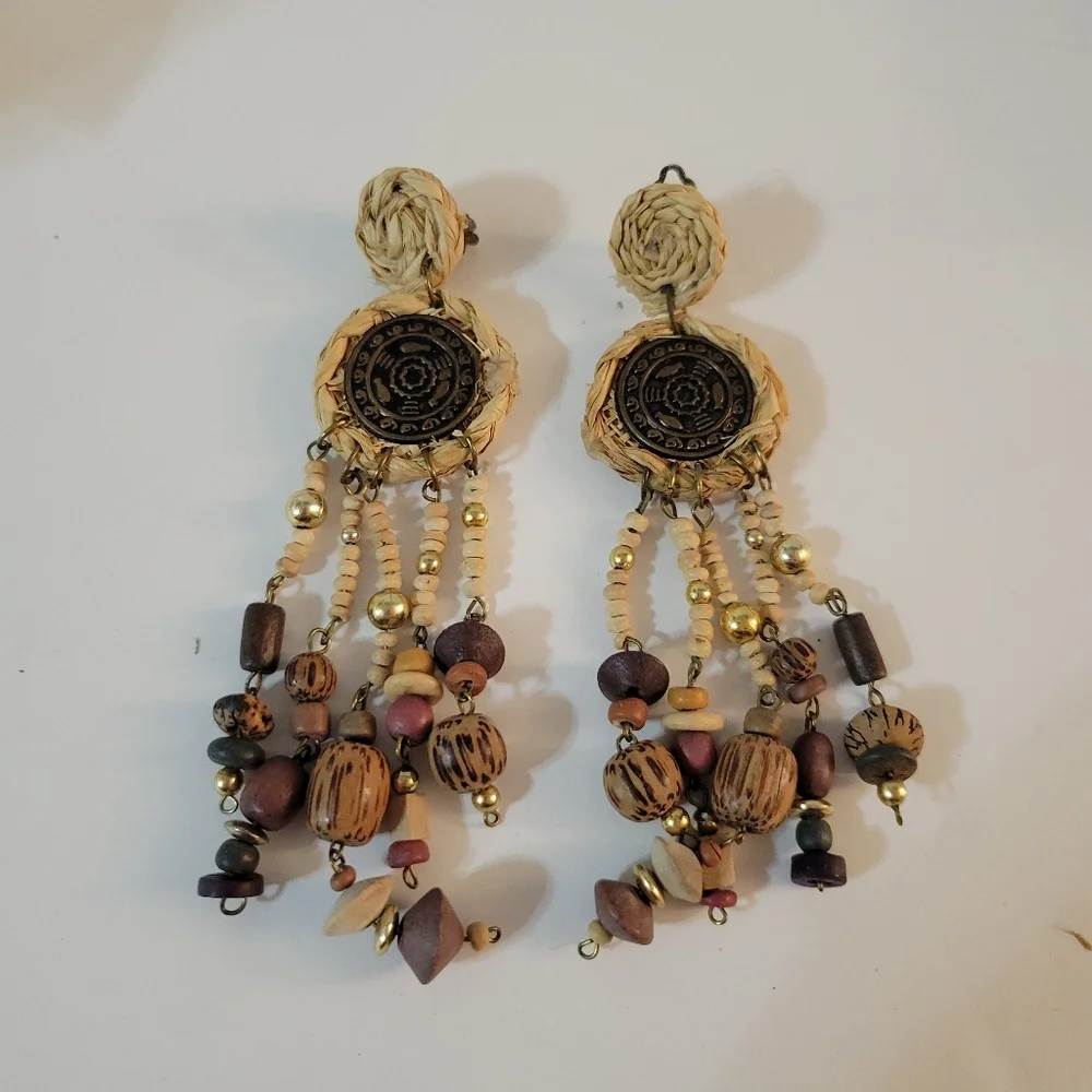 Natural Boho Raffia Tassel Clip On Earrings